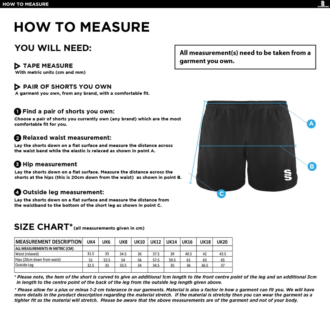 Bude HC - Performance Gym Short - Women's Fit - Size Guide