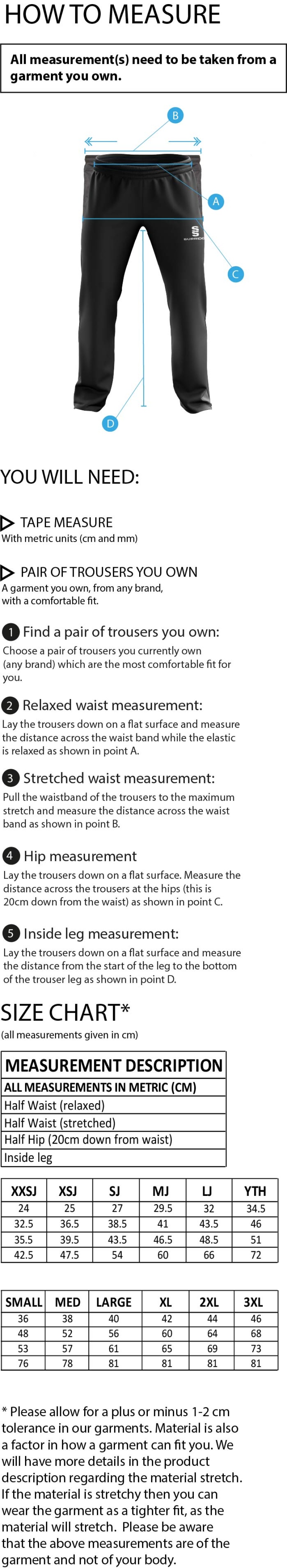 Bude HC - Dual Poplin Track Pant with Lycra - Men's Fit - Size Guide