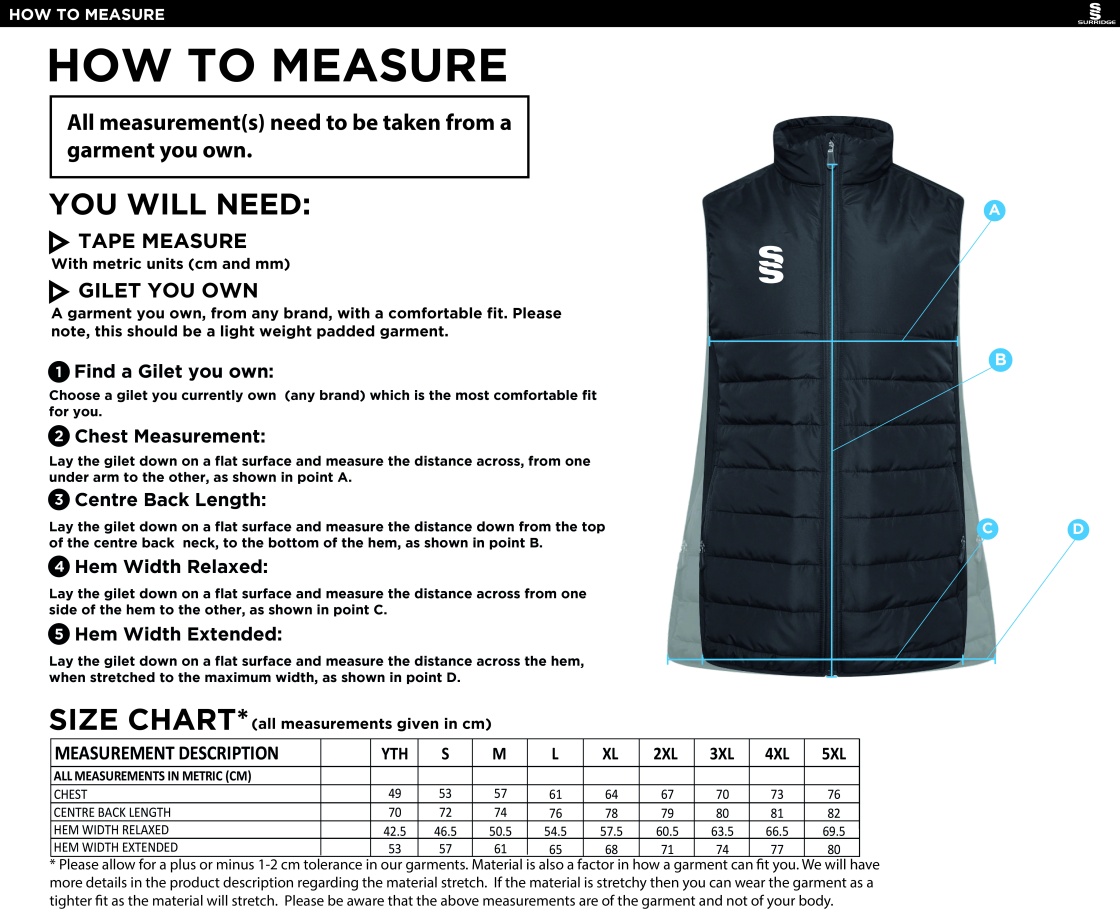 Bude HC - Active Gilet - Unisex Fit - Size Guide
