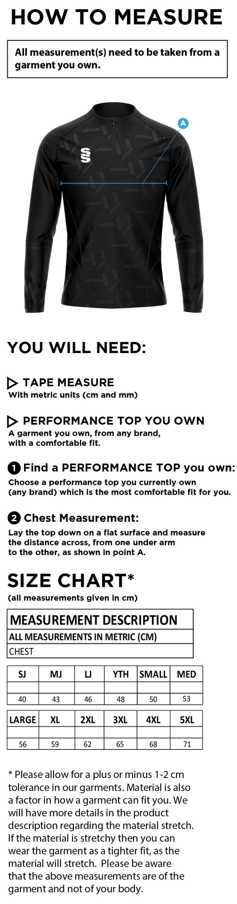 Bude HC - Impact 1/4 Zip Performance Top - Men's Fit - Size Guide