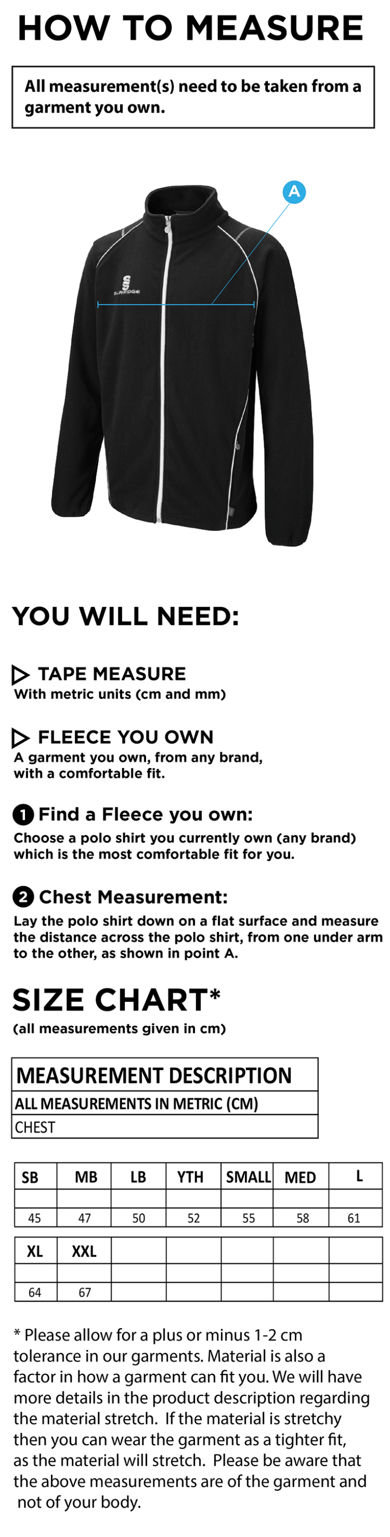 Bude HC Curve Fleece : Navy - Size Guide
