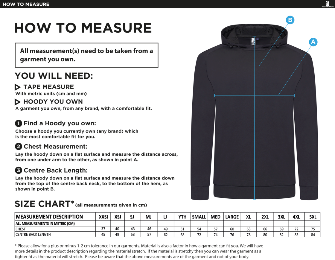 Bude HC - Active Hoody - Unisex Fit - Size Guide