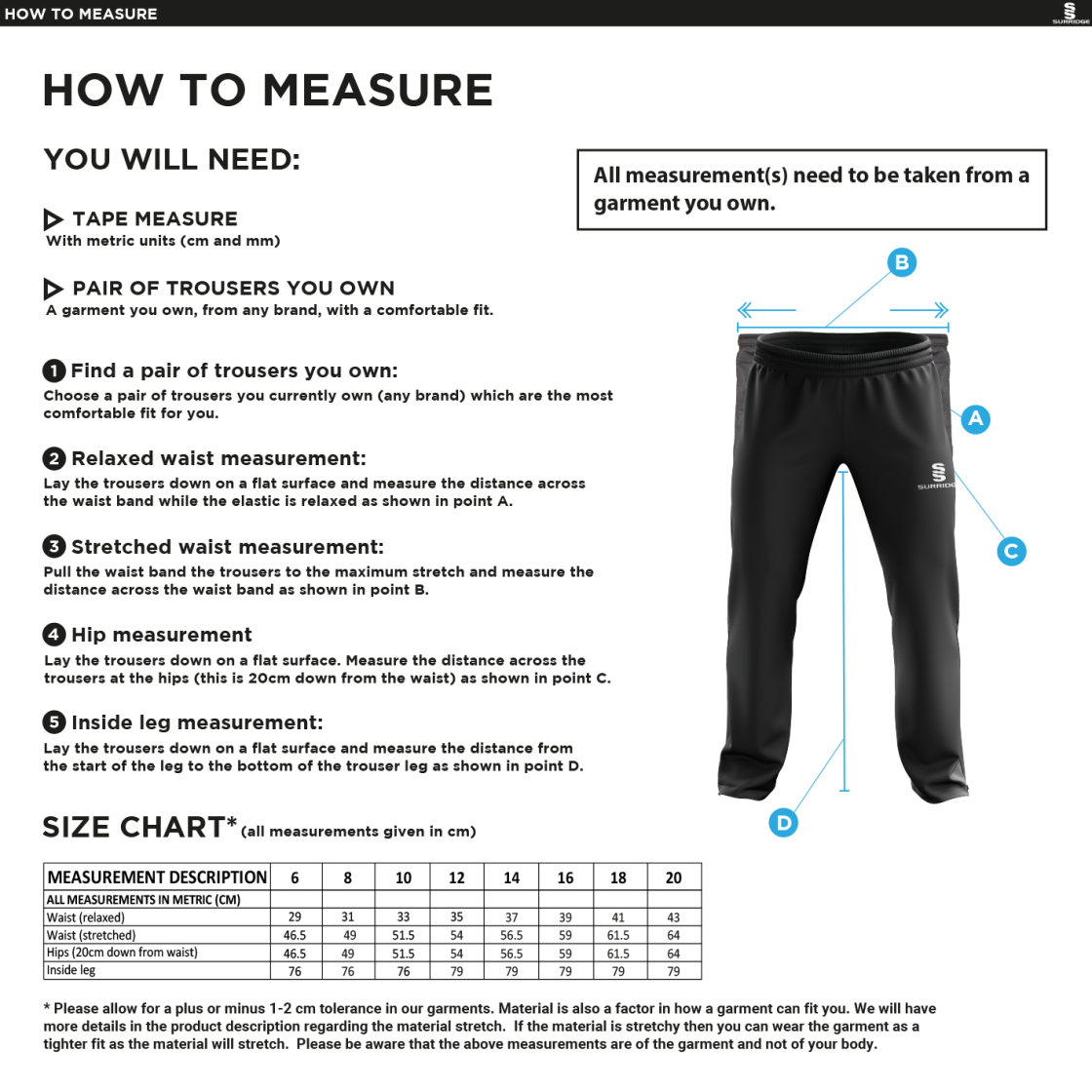 Bude HC - Dual Poplin Track Pant with Lycra - Women's Fit - Size Guide