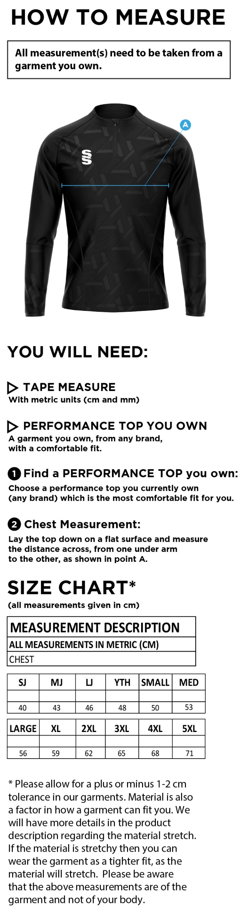 Bude HC - Impact 1/4 Zip Performance Top - Men's Fit - Size Guide