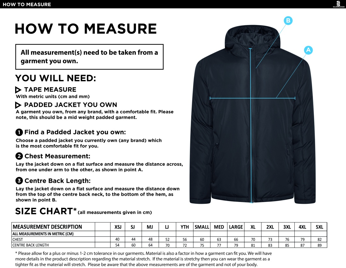 Bude HC - Active Padded Jacket - Unisex Fit - Size Guide