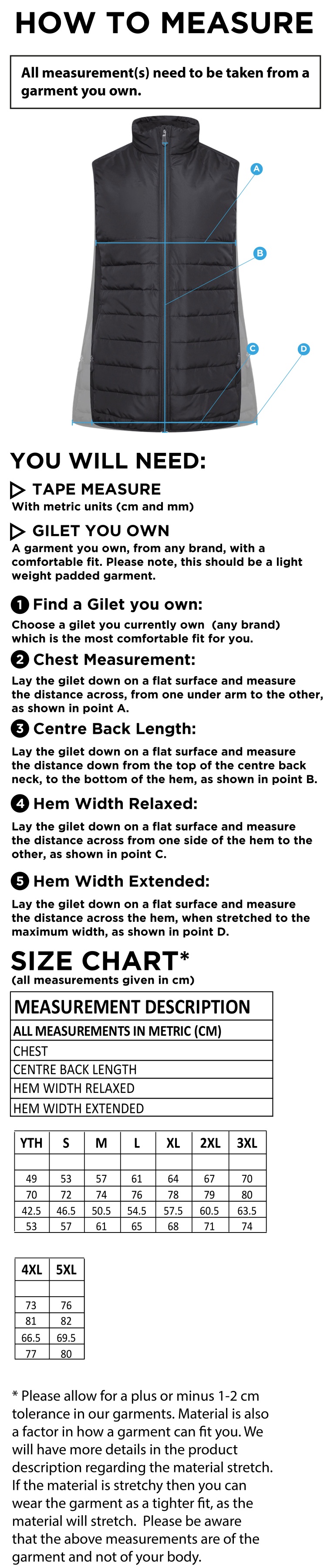 Bude HC - Active Gilet - Unisex Fit - Size Guide