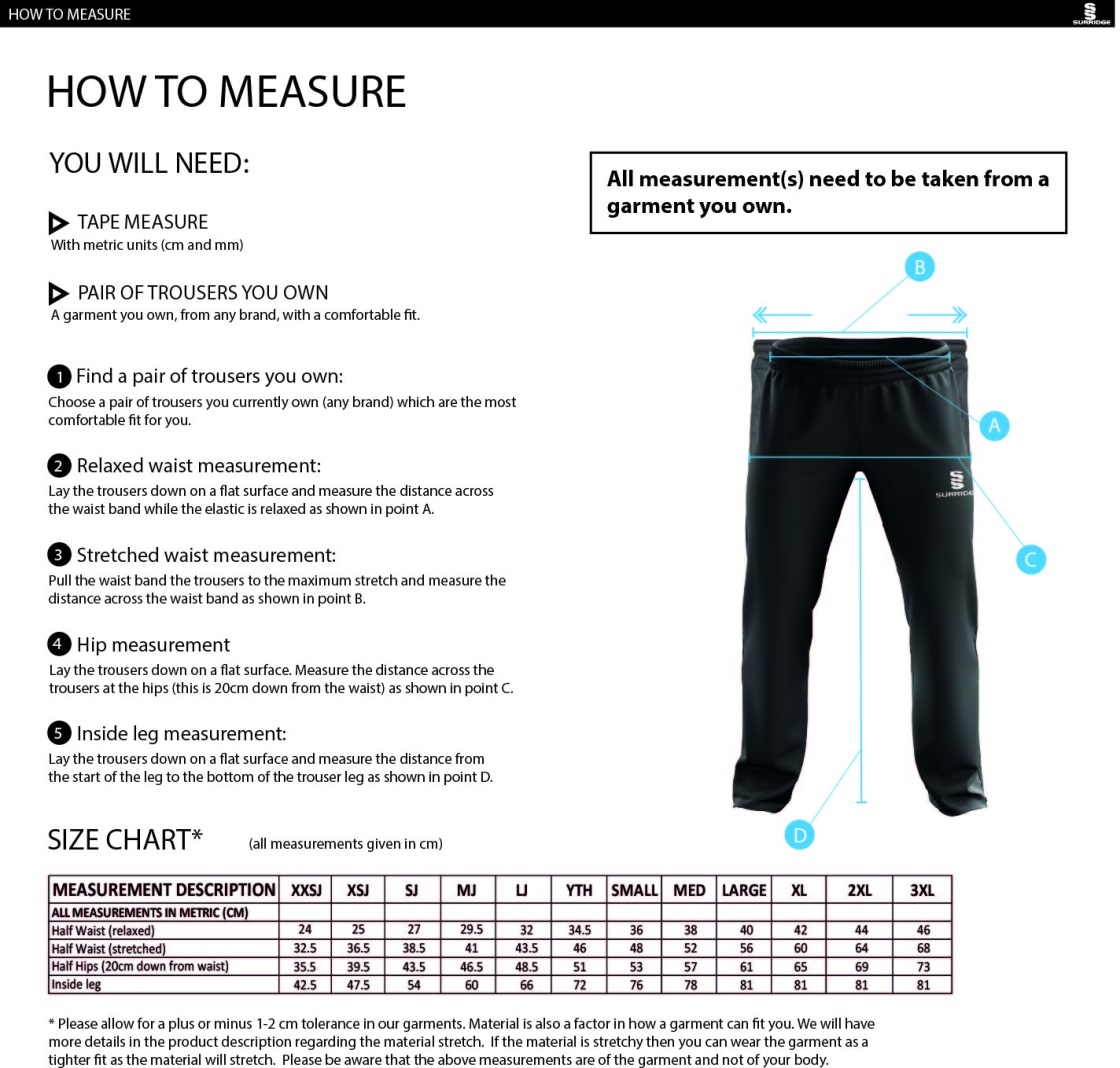 Bude HC - Dual Poplin Track Pant with Lycra - Men's Fit - Size Guide