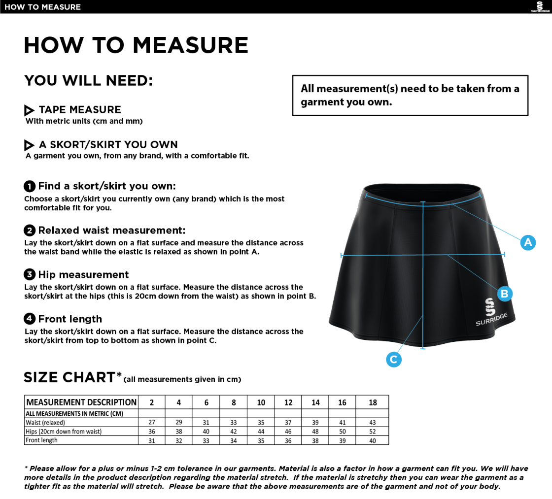 Bude HC - Blade Skort - Black - Size Guide
