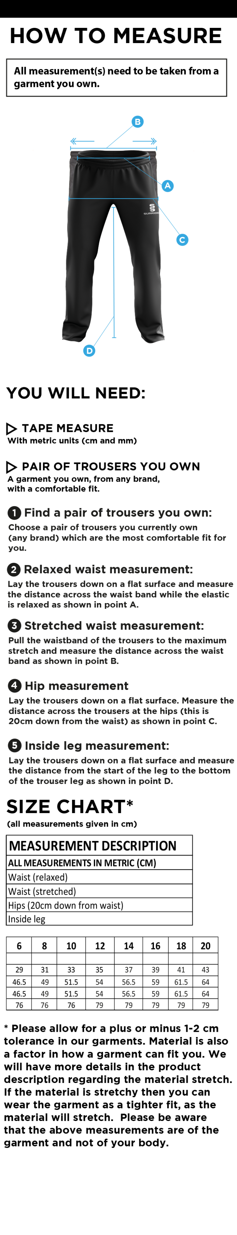 Bude HC - Dual Poplin Track Pant with Lycra - Women's Fit - Size Guide