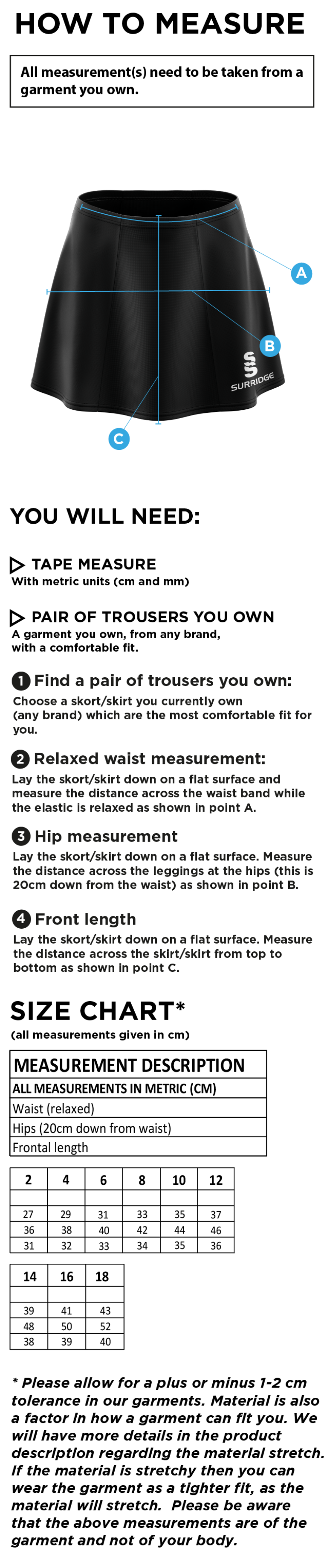 Bude HC - Blade Skort - Black - Size Guide