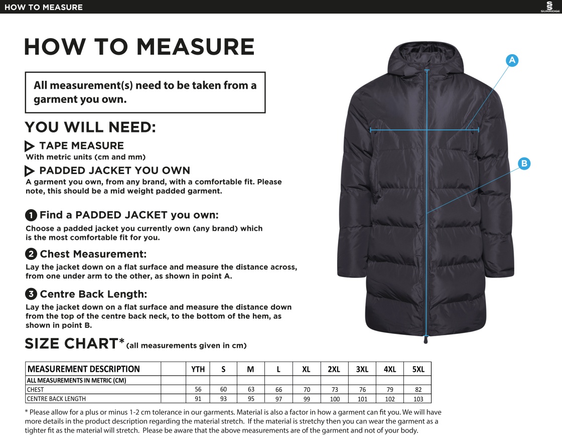 Bude HC - Active Long Padded Jacket - Unisex Fit - Size Guide
