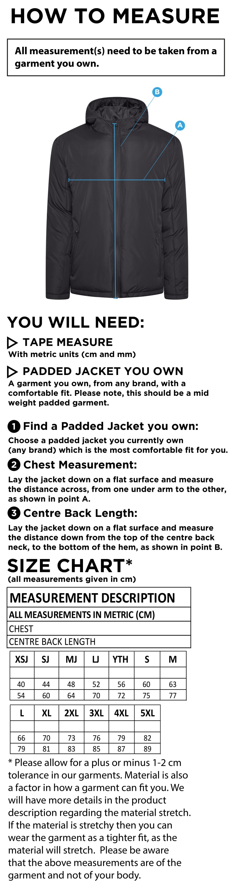 Bude HC - Active Padded Jacket - Unisex Fit - Size Guide