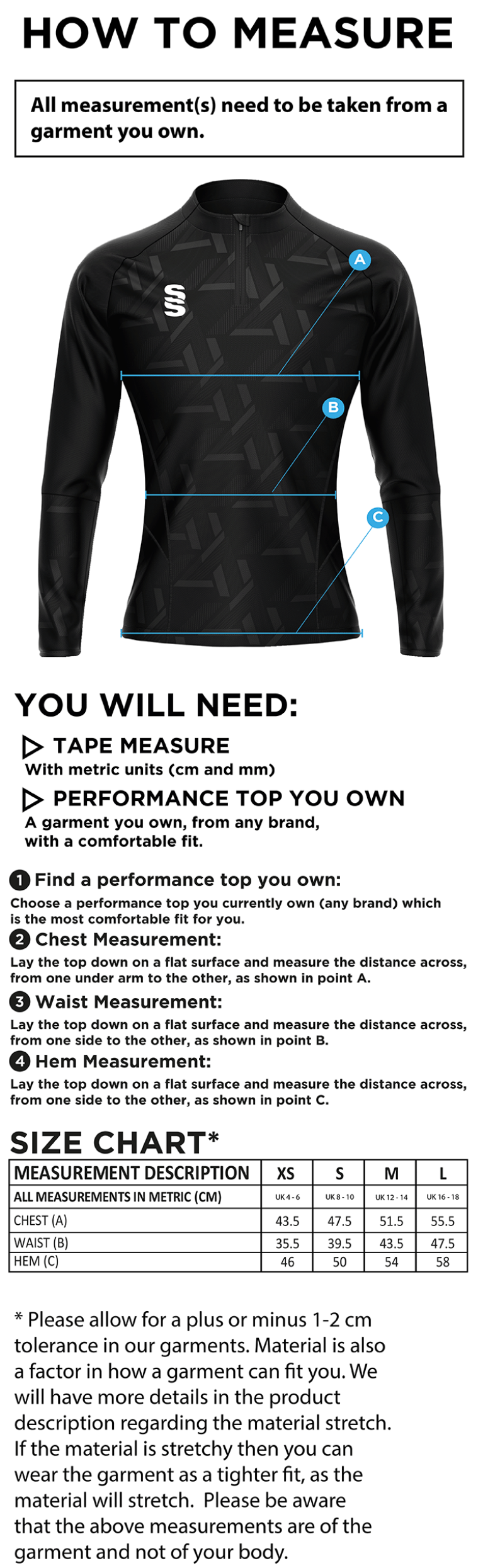 Bude HC - Impact 1/4 Zip Performance Top - Women's Fit - Size Guide