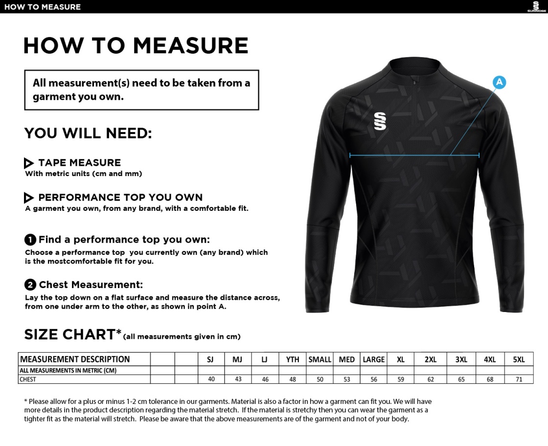 Bude HC - Impact 1/4 Zip Performance Top - Men's Fit - Size Guide