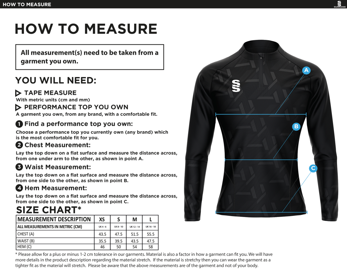 Bude HC - Impact 1/4 Zip Performance Top - Women's Fit - Size Guide
