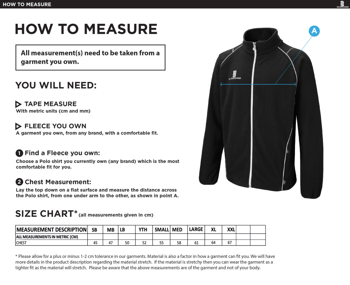 Bude HC Curve Fleece : Navy - Size Guide