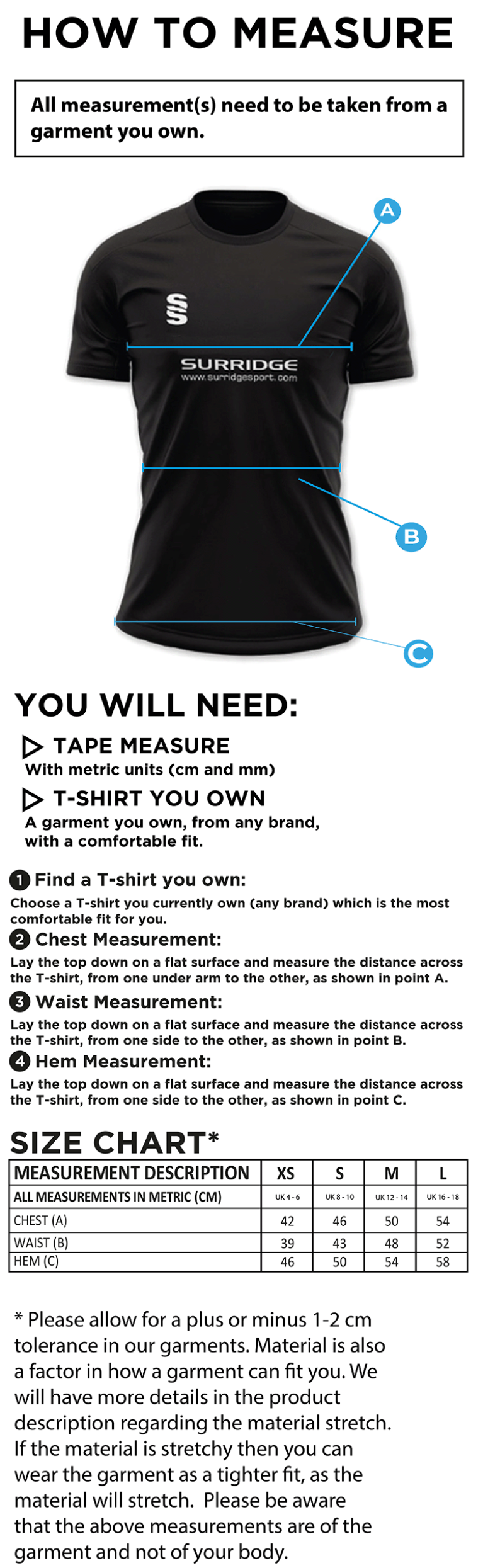Bude HC - Impact T-Shirt - Women's Fit - Size Guide