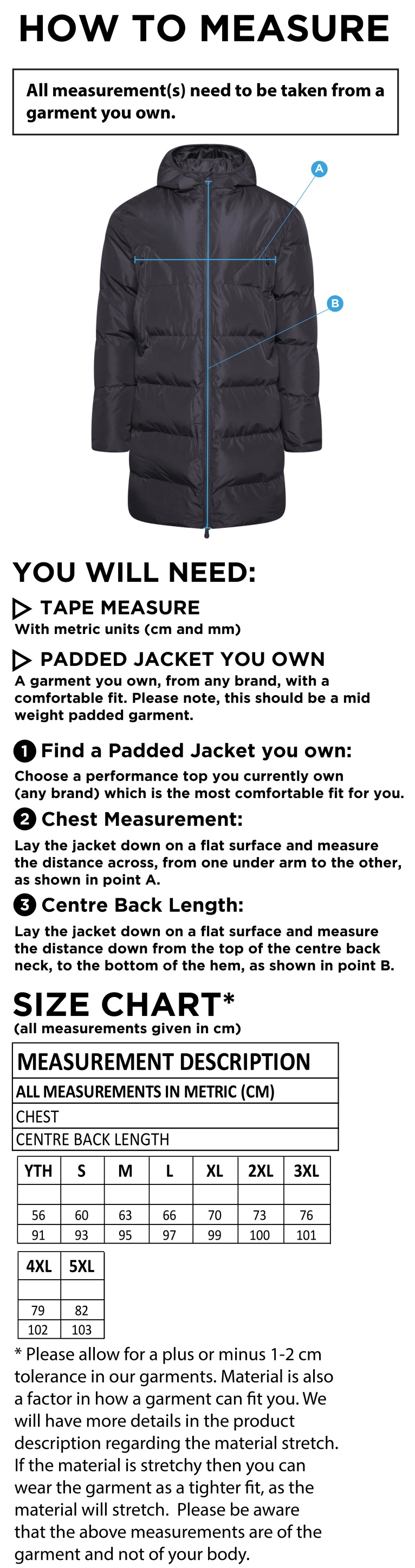 Bude HC - Active Long Padded Jacket - Unisex Fit - Size Guide
