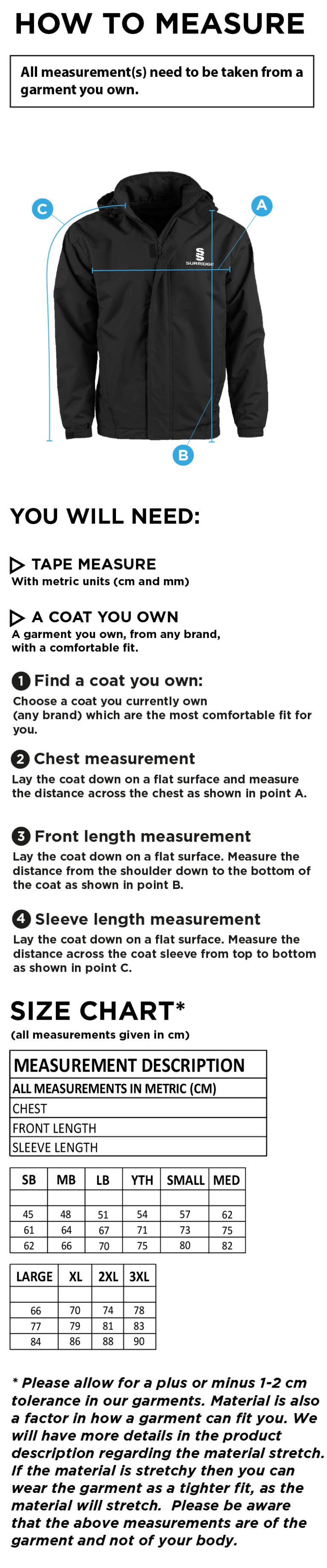 Bude HC Full Zip fleece lined Jacket : Navy / Sky - Size Guide